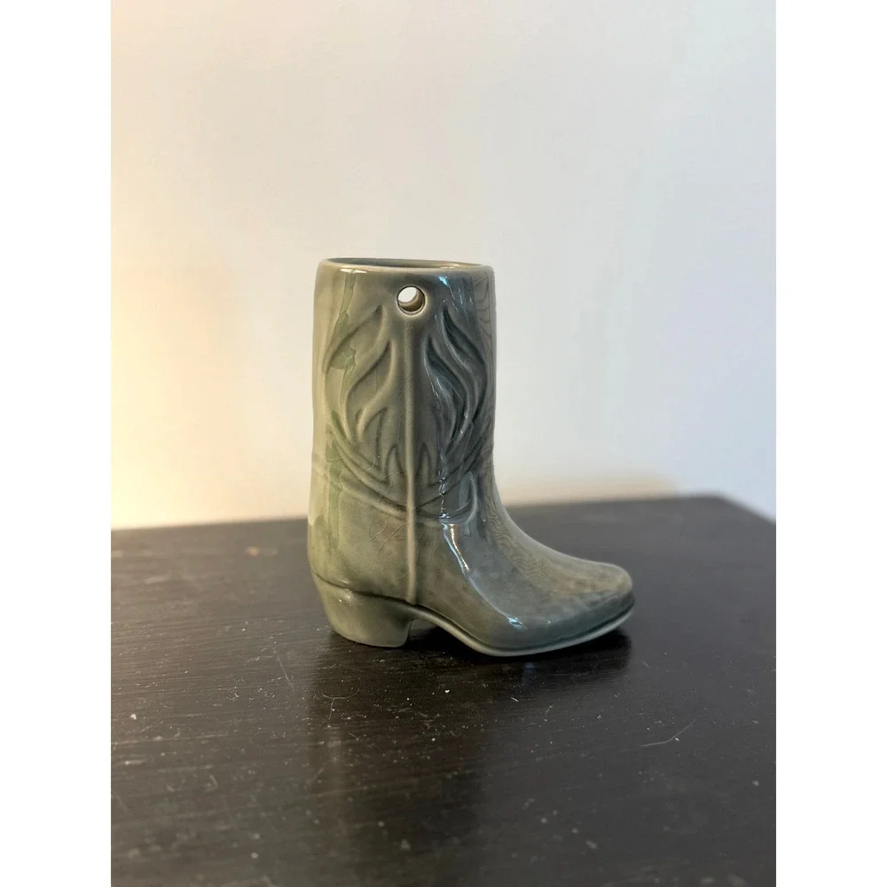 Vintage Ceramic Cowboy Boot Vase Sage Green Western Southwestern Decor